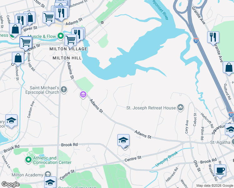 map of restaurants, bars, coffee shops, grocery stores, and more near 85 Forbes Road in Milton