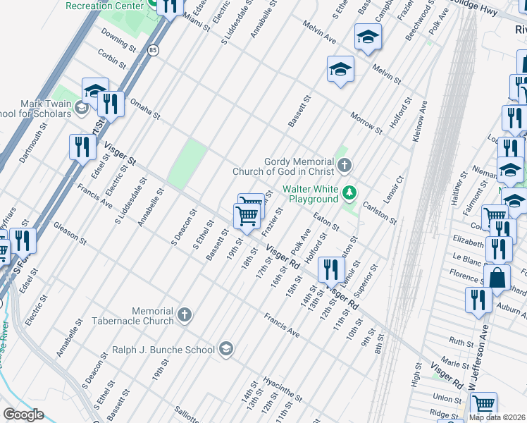 map of restaurants, bars, coffee shops, grocery stores, and more near 524 Frazier Street in River Rouge