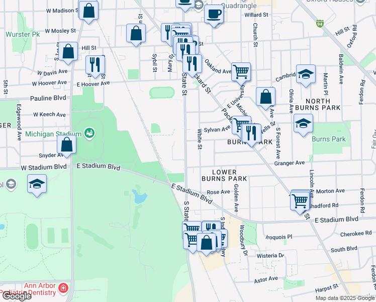 map of restaurants, bars, coffee shops, grocery stores, and more near in Ann Arbor