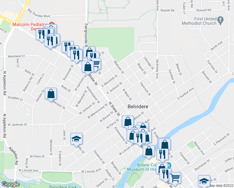map of restaurants, bars, coffee shops, grocery stores, and more near 204 East Menomonie Street in Belvidere