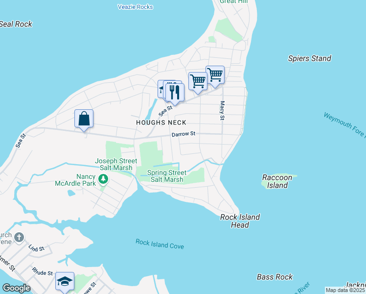 map of restaurants, bars, coffee shops, grocery stores, and more near 4 Littlefield Street in Quincy