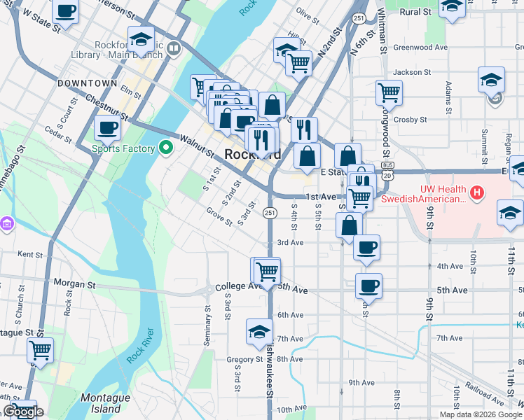 map of restaurants, bars, coffee shops, grocery stores, and more near 208 Kishwaukee Street in Rockford