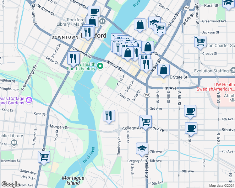 map of restaurants, bars, coffee shops, grocery stores, and more near 413 Grove Street in Rockford