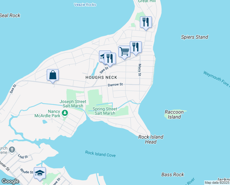 map of restaurants, bars, coffee shops, grocery stores, and more near 4 Littlefield Street in Quincy