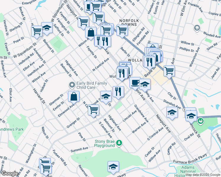 map of restaurants, bars, coffee shops, grocery stores, and more near 275 Farrington Street in Quincy
