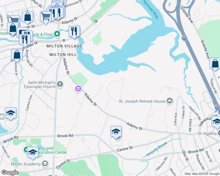 map of restaurants, bars, coffee shops, grocery stores, and more near 85 Forbes Road in Milton