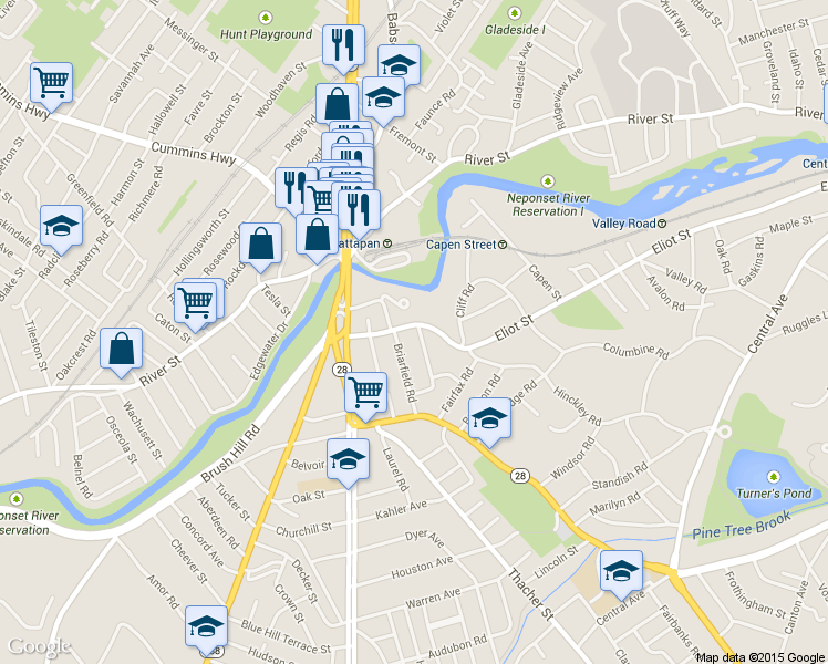 map of restaurants, bars, coffee shops, grocery stores, and more near 535 Eliot Street in Milton
