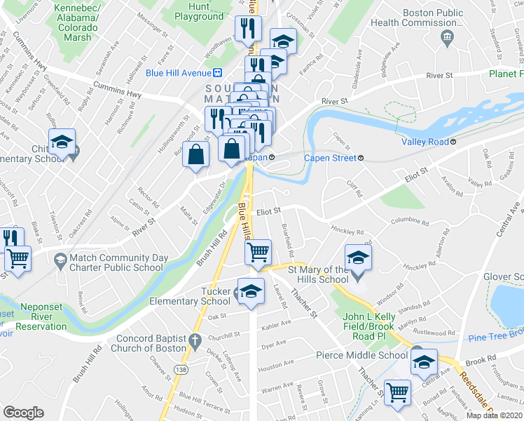 map of restaurants, bars, coffee shops, grocery stores, and more near 47 Curtis Road in Milton