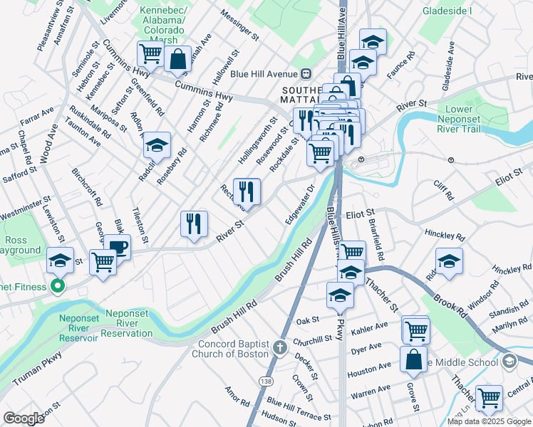 map of restaurants, bars, coffee shops, grocery stores, and more near 621 River Street in Boston