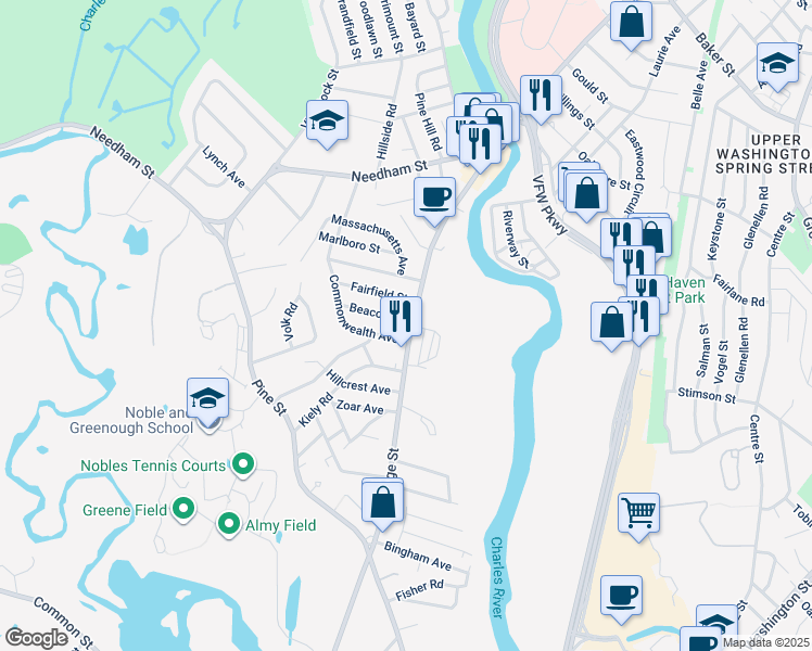 map of restaurants, bars, coffee shops, grocery stores, and more near 20 Beacon Street in Dedham