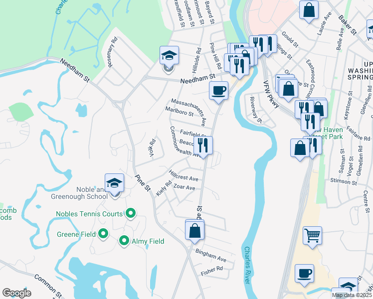 map of restaurants, bars, coffee shops, grocery stores, and more near 56 Beacon Street in Dedham