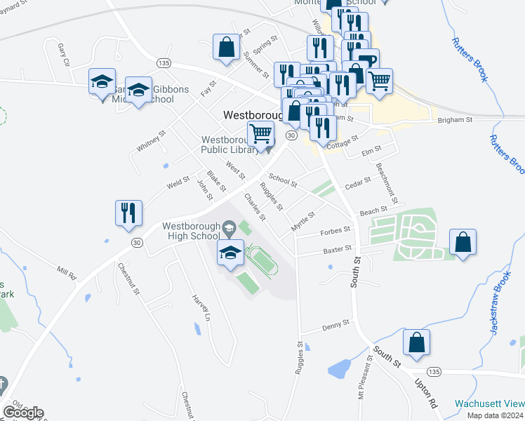 map of restaurants, bars, coffee shops, grocery stores, and more near 10 Charles Street in Westborough