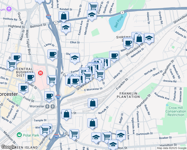 map of restaurants, bars, coffee shops, grocery stores, and more near 166 Shrewsbury Street in Worcester