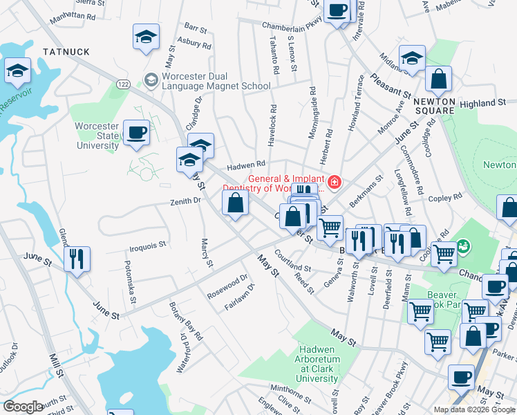 map of restaurants, bars, coffee shops, grocery stores, and more near 450 Chandler Street in Worcester