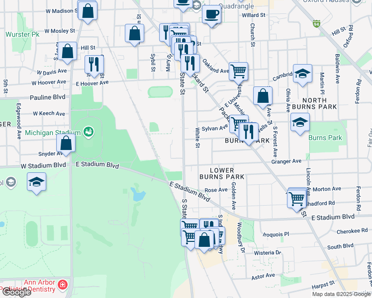 map of restaurants, bars, coffee shops, grocery stores, and more near in Ann Arbor
