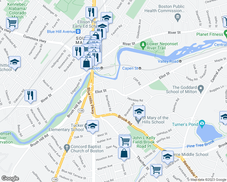 map of restaurants, bars, coffee shops, grocery stores, and more near 4 Hawthorn Road in Milton