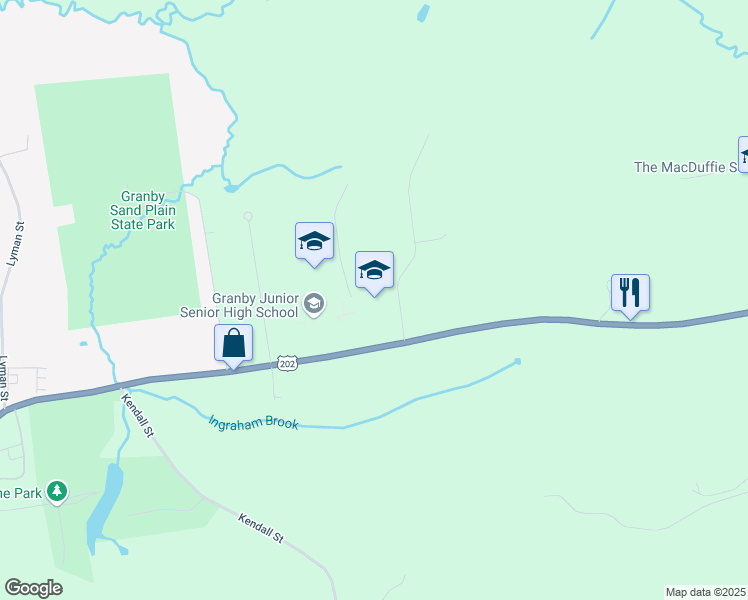 map of restaurants, bars, coffee shops, grocery stores, and more near 393 East State Street in Granby