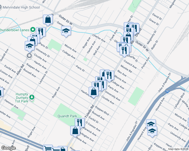 map of restaurants, bars, coffee shops, grocery stores, and more near 2204 Paris Avenue in Lincoln Park