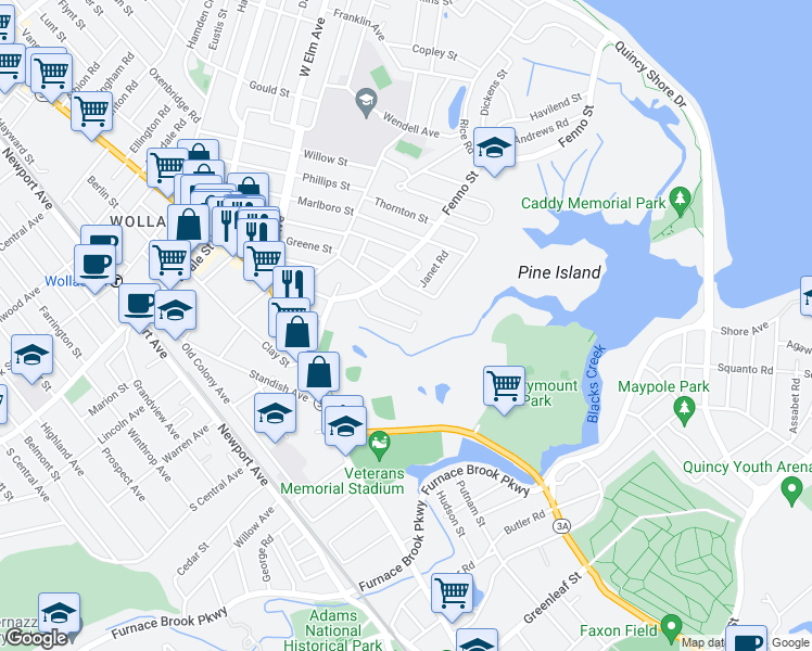 map of restaurants, bars, coffee shops, grocery stores, and more near 52 Estabrook Road in Quincy