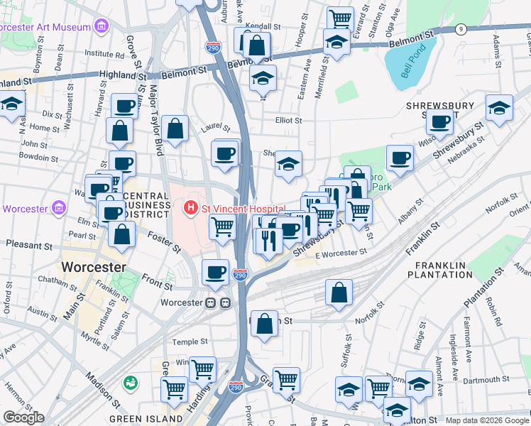 map of restaurants, bars, coffee shops, grocery stores, and more near 2 Gage Street in Worcester