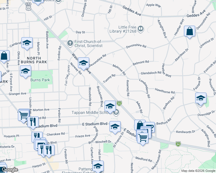 map of restaurants, bars, coffee shops, grocery stores, and more near 2117 Washtenaw Avenue in Ann Arbor