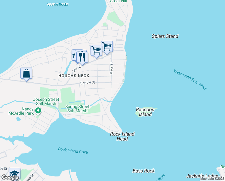map of restaurants, bars, coffee shops, grocery stores, and more near 52 Littlefield Street in Quincy