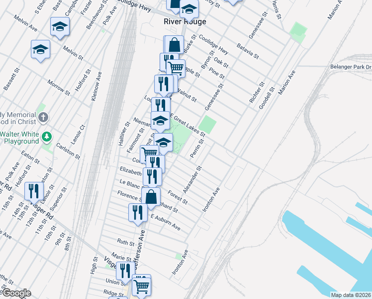 map of restaurants, bars, coffee shops, grocery stores, and more near 377 Genessee Street in River Rouge