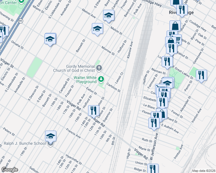 map of restaurants, bars, coffee shops, grocery stores, and more near 461 Carlston Street in River Rouge