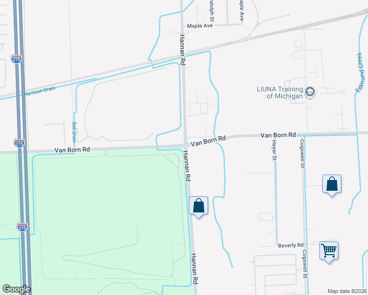 map of restaurants, bars, coffee shops, grocery stores, and more near 39500 Van Born Road in Wayne