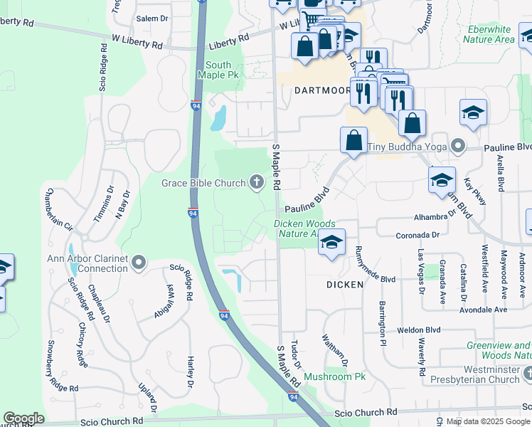 map of restaurants, bars, coffee shops, grocery stores, and more near 2501 Avant Avenue in Ann Arbor