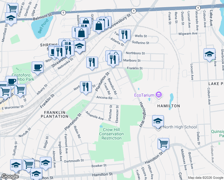 map of restaurants, bars, coffee shops, grocery stores, and more near 22 Benedict Road in Worcester