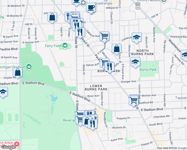 map of restaurants, bars, coffee shops, grocery stores, and more near 910 Dewey Avenue in Ann Arbor
