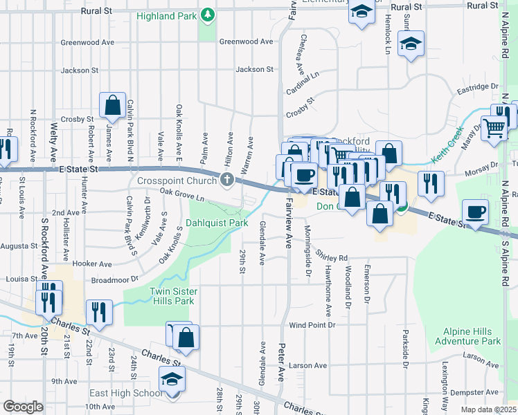 map of restaurants, bars, coffee shops, grocery stores, and more near 3403 Oak Grove Avenue in Rockford