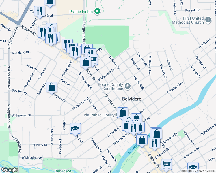 map of restaurants, bars, coffee shops, grocery stores, and more near 115 East Jackson Street in Belvidere