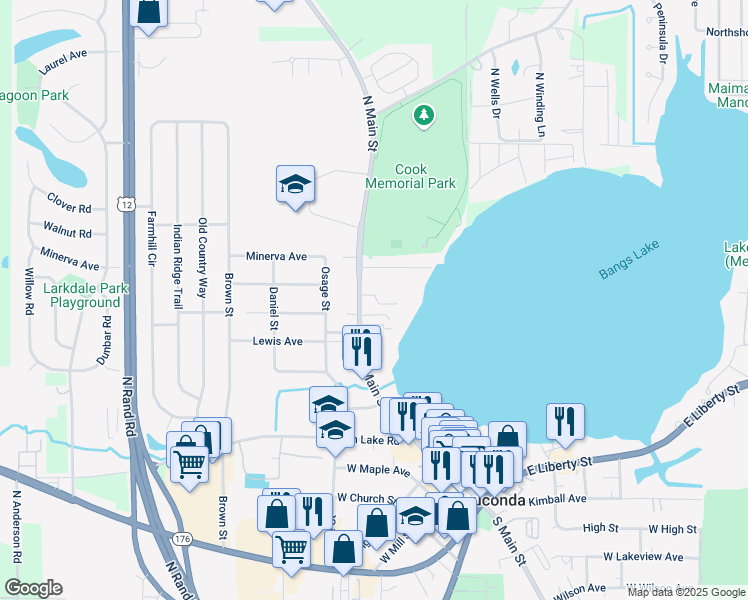 map of restaurants, bars, coffee shops, grocery stores, and more near 108 Roosevelt Avenue in Wauconda
