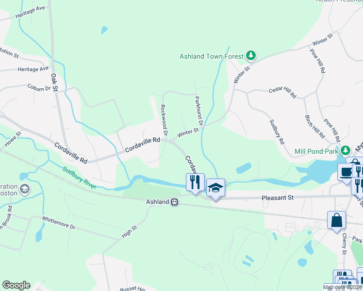 map of restaurants, bars, coffee shops, grocery stores, and more near 55 Cordaville Road in Ashland