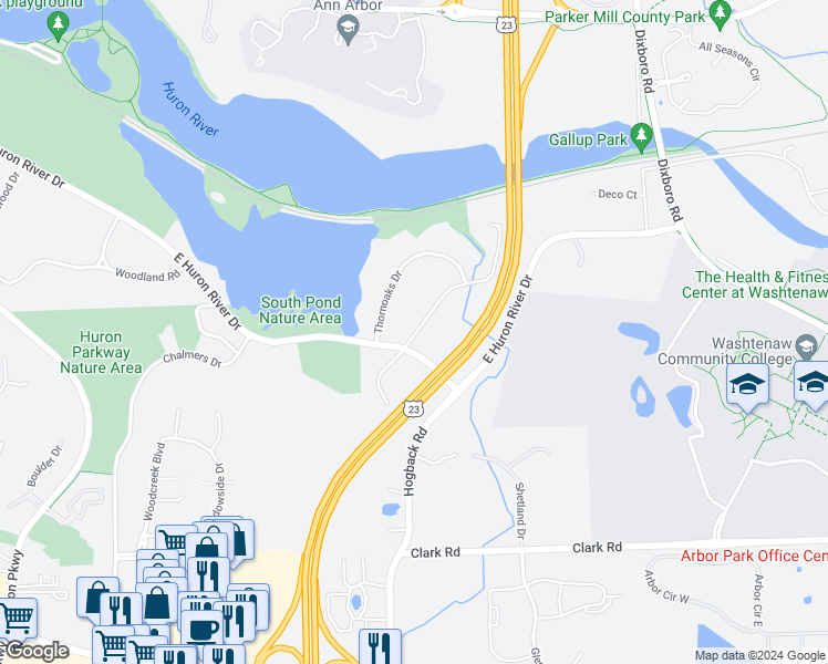 map of restaurants, bars, coffee shops, grocery stores, and more near 4063 East Huron River Drive in Ann Arbor