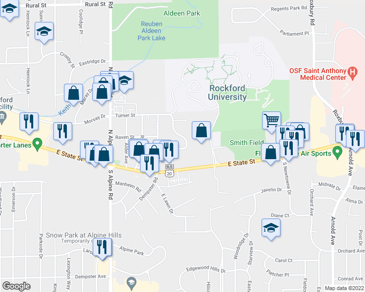 map of restaurants, bars, coffee shops, grocery stores, and more near 150 Flintridge Drive in Rockford