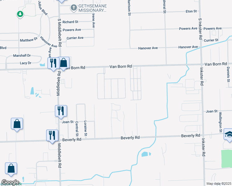 map of restaurants, bars, coffee shops, grocery stores, and more near 28745 Van Born Road in Romulus
