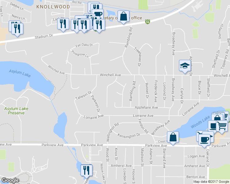map of restaurants, bars, coffee shops, grocery stores, and more near 3013 Ridgeview Circle in Kalamazoo