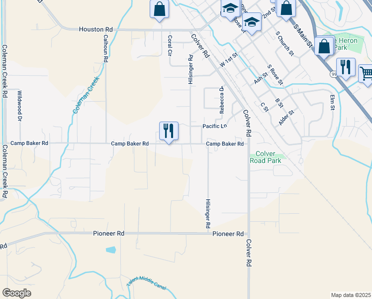 map of restaurants, bars, coffee shops, grocery stores, and more near 1597 Camp Baker Road in Medford