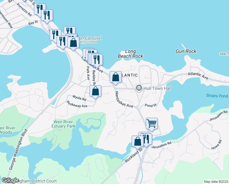 map of restaurants, bars, coffee shops, grocery stores, and more near 101 Nantasket Avenue in Hull