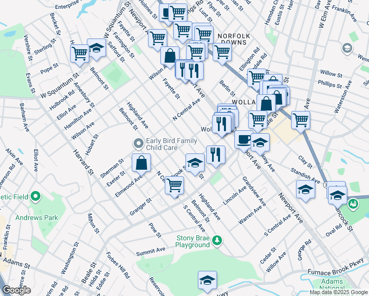 map of restaurants, bars, coffee shops, grocery stores, and more near 130 Taylor Street in Quincy