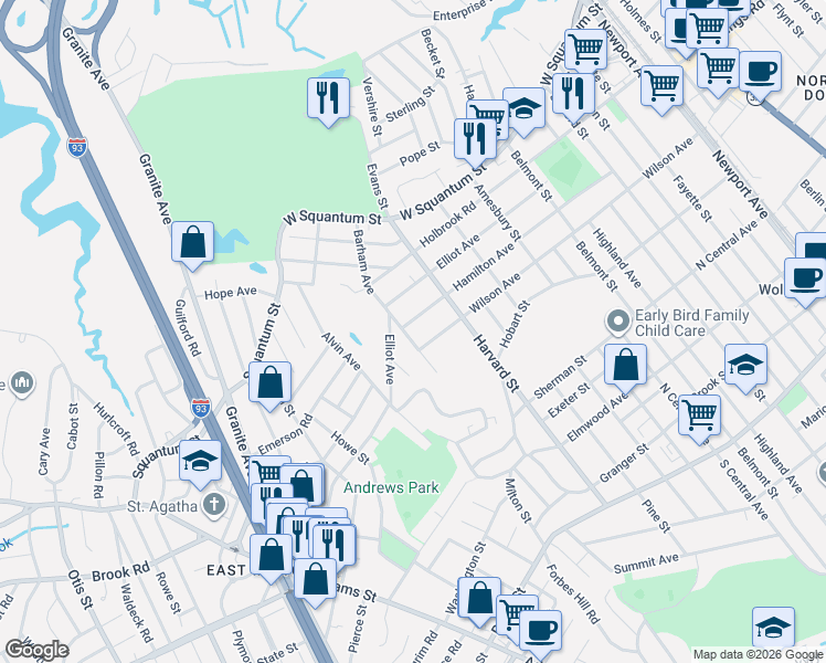 map of restaurants, bars, coffee shops, grocery stores, and more near 195 Hamilton Avenue in Quincy