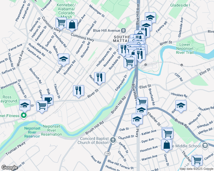 map of restaurants, bars, coffee shops, grocery stores, and more near 621 River Street in Boston