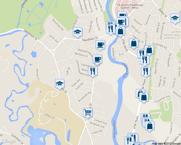 map of restaurants, bars, coffee shops, grocery stores, and more near 20 Beacon Street in Dedham