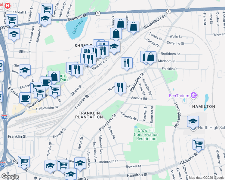 map of restaurants, bars, coffee shops, grocery stores, and more near 200 Norfolk Street in Worcester