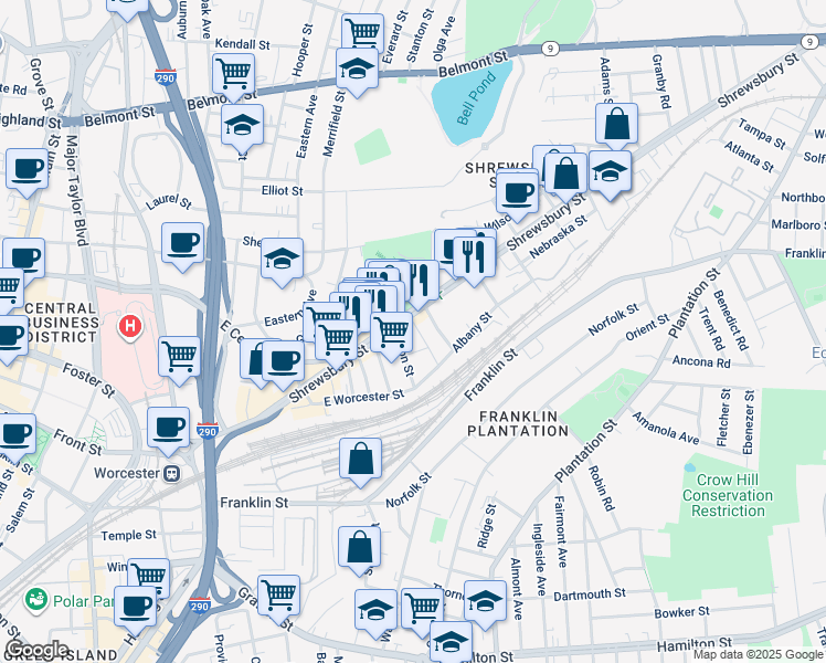 map of restaurants, bars, coffee shops, grocery stores, and more near 181 Shrewsbury Street in Worcester