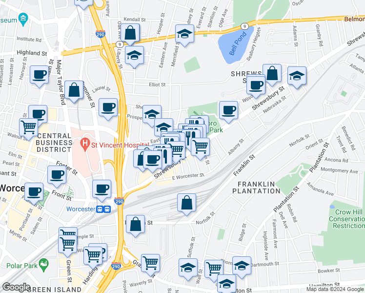 map of restaurants, bars, coffee shops, grocery stores, and more near 29 Shamrock Street in Worcester