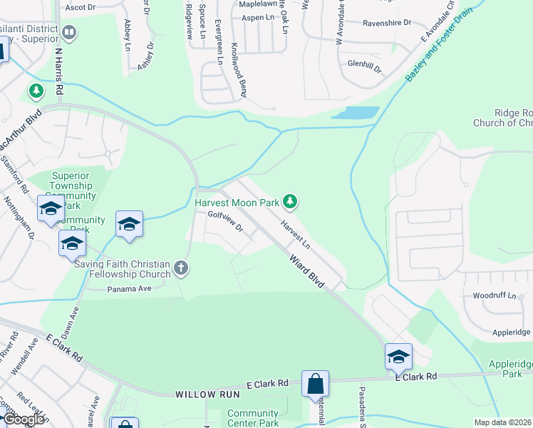 map of restaurants, bars, coffee shops, grocery stores, and more near 1621 Harvest Lane in Superior Charter Township